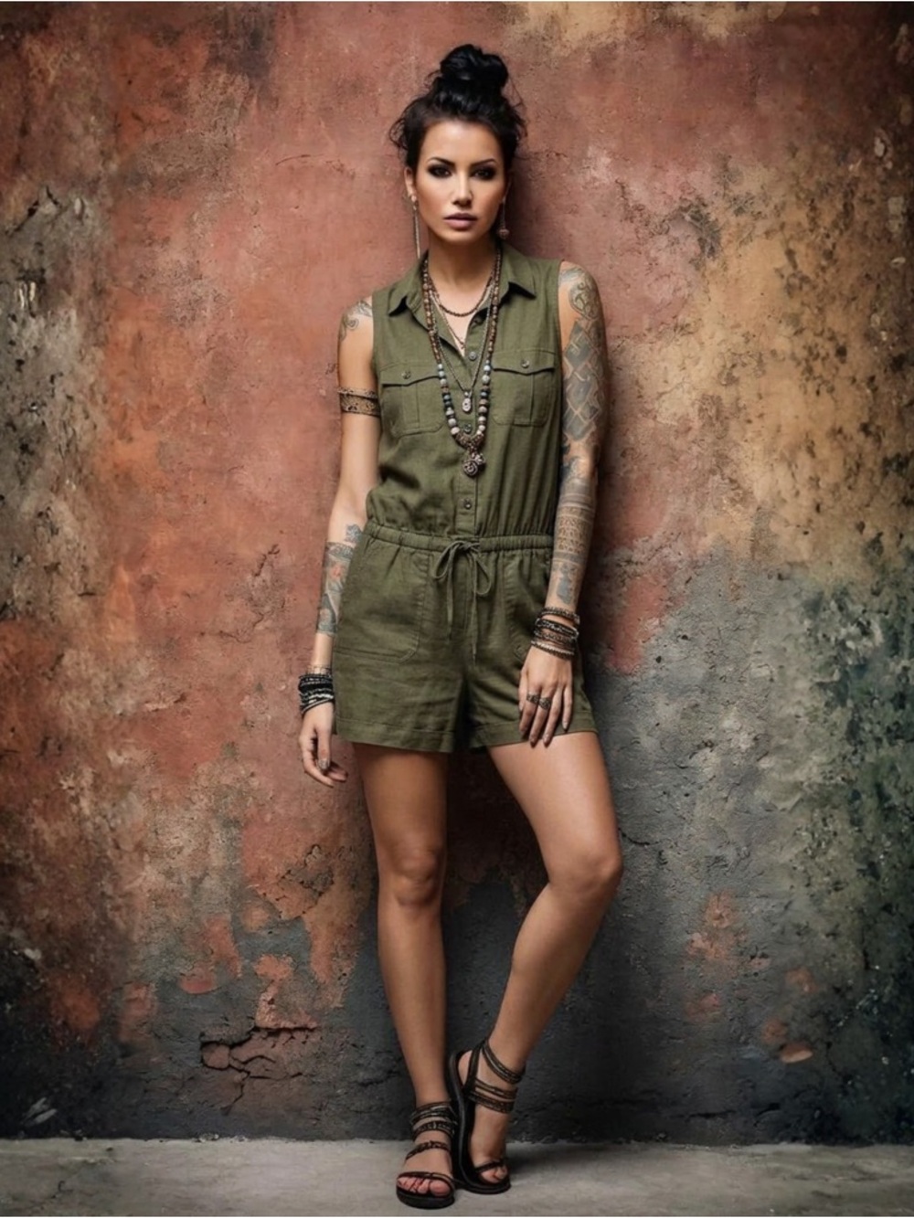 NWT Lauren Ralph Lauren Petite Linen Utility Romper Olive Green 4P